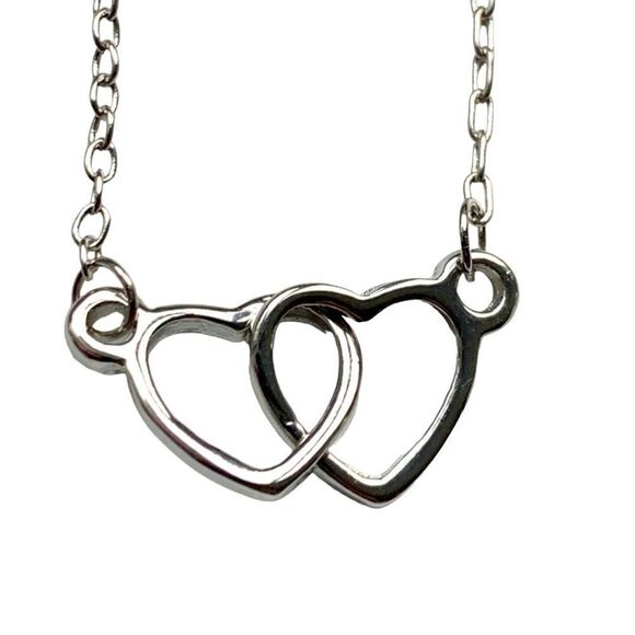 Elegant Double Interlocking Hearts Love Necklace in Silver with Gift Pouch, NEW - Picture 1 of 12